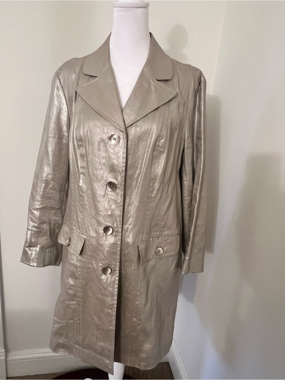 Sutton Studio Metallic Taupe-Gray Leather Trench Coat